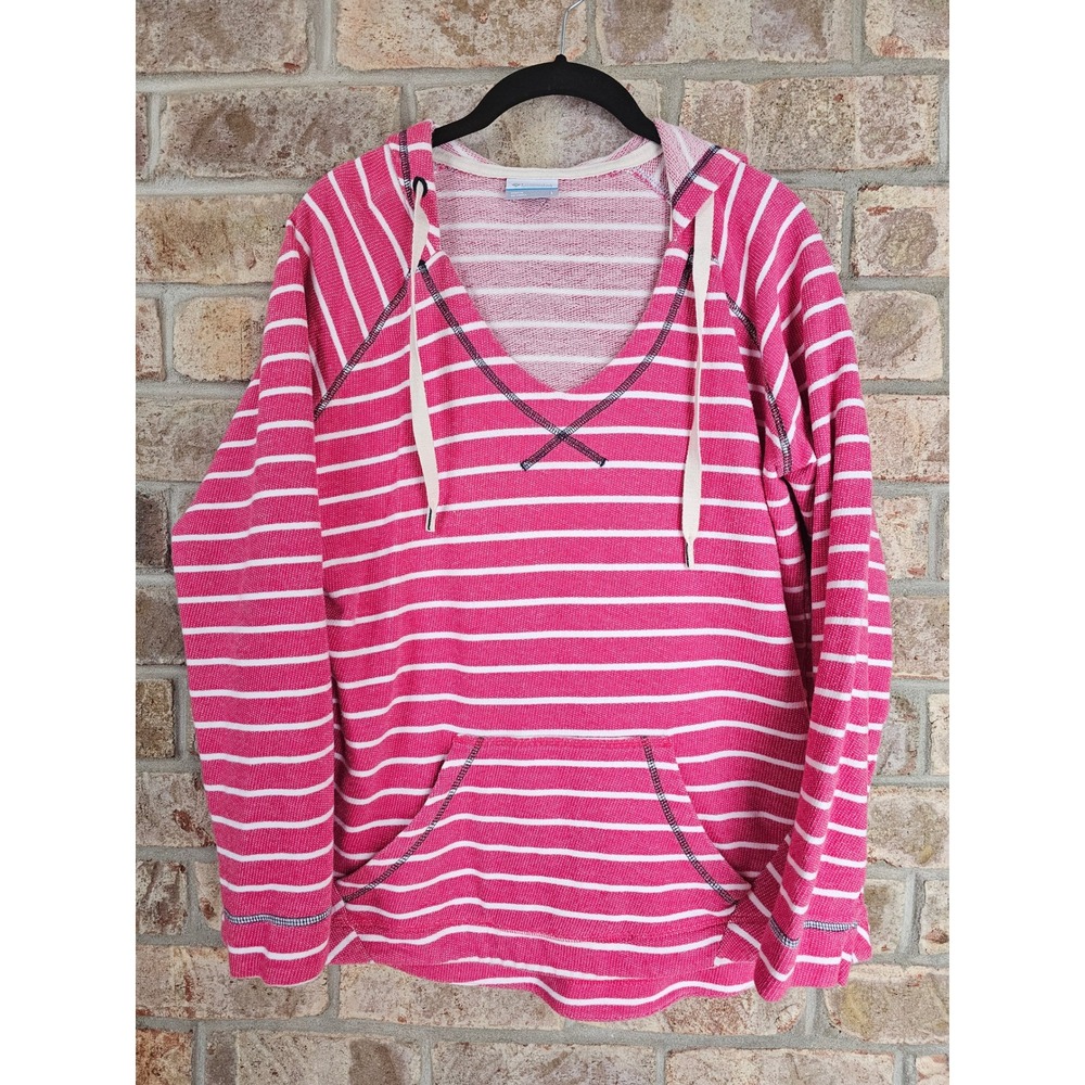 Columbia Striped Hoodie Pullover Pink White LS‎ Terry Hooded Pocket Sweatshirt L